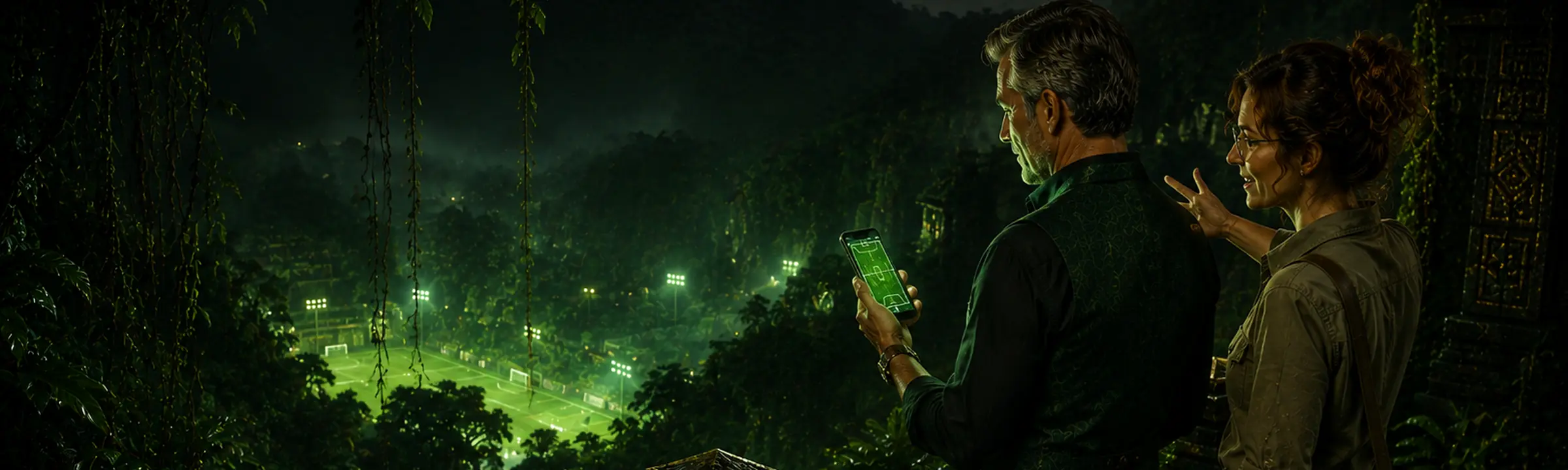 Two Cas2bet Casino players checking a phone above a floodlit pitch